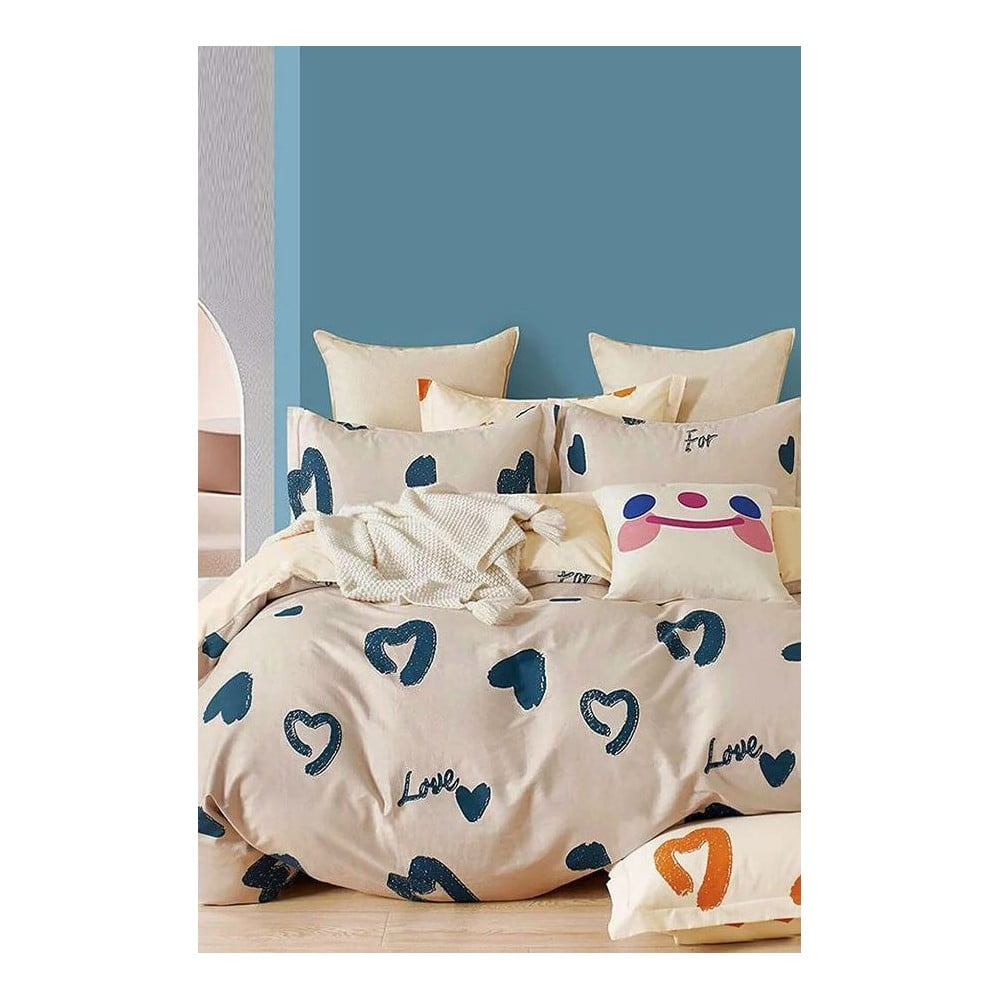 Bézs kétszemélyes hosszabbított négyrészes  renforcé pamut ágyneműhuzat lepedővel 200x220 cm Amore – Mila Home