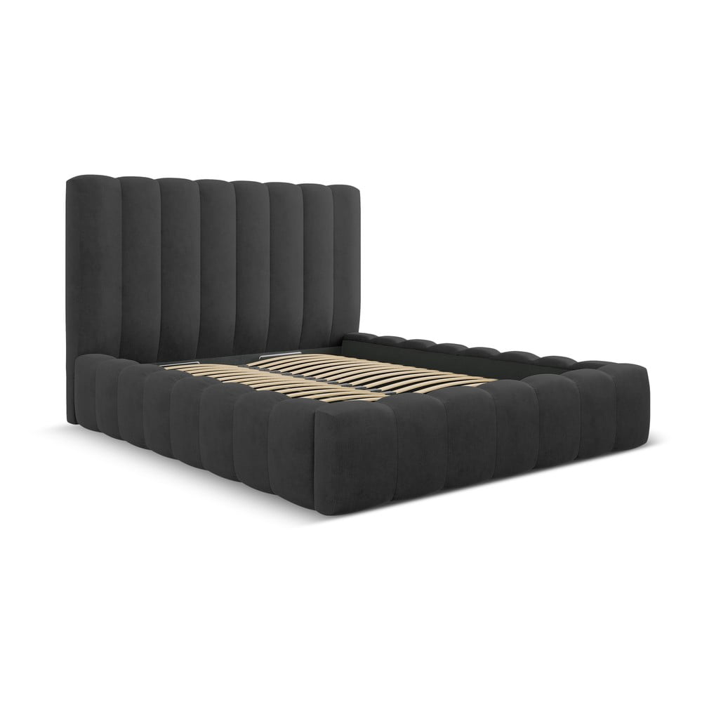 Antracitszürke kárpitozott ágyneműtartós franciaágy ágyráccsal 160x200 cm Kelp – Micadoni Home