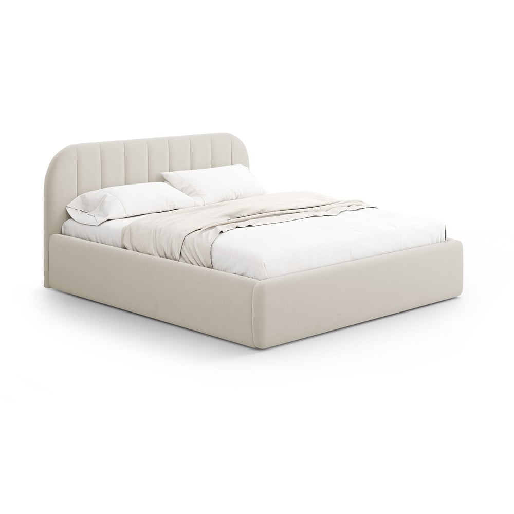 Bézs kárpitozott ágyneműtartós franciaágy ágyráccsal 160x200 cm Juno – Windsor & Co Sofas