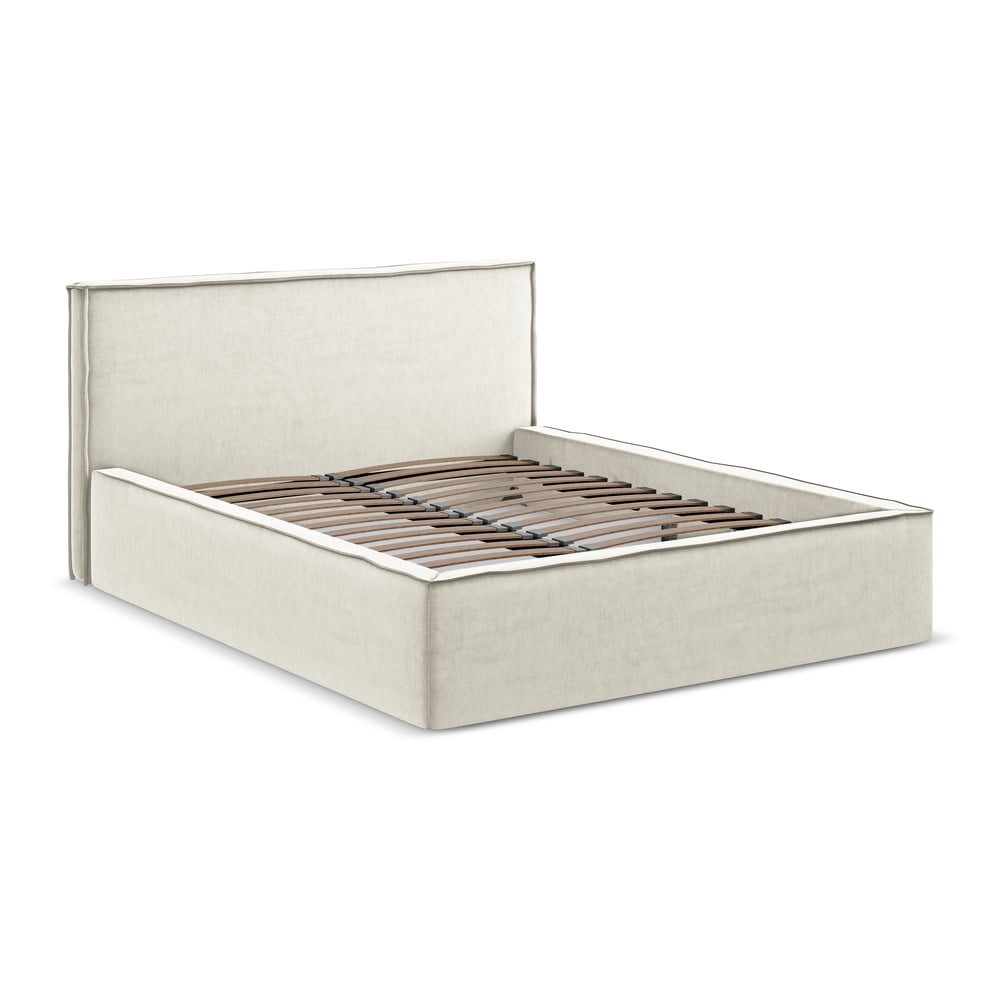 Krémszínű kárpitozott ágyneműtartós franciaágy ágyráccsal 160x200 cm Anani – Makamii