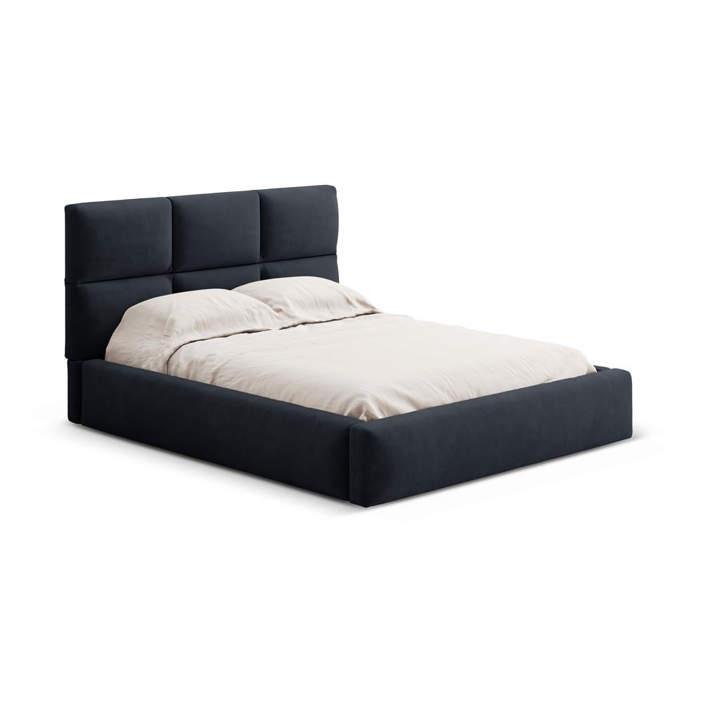 Sötétkék kárpitozott ágyneműtartós franciaágy ágyráccsal 180x200 cm Libera – Windsor & Co Sofas