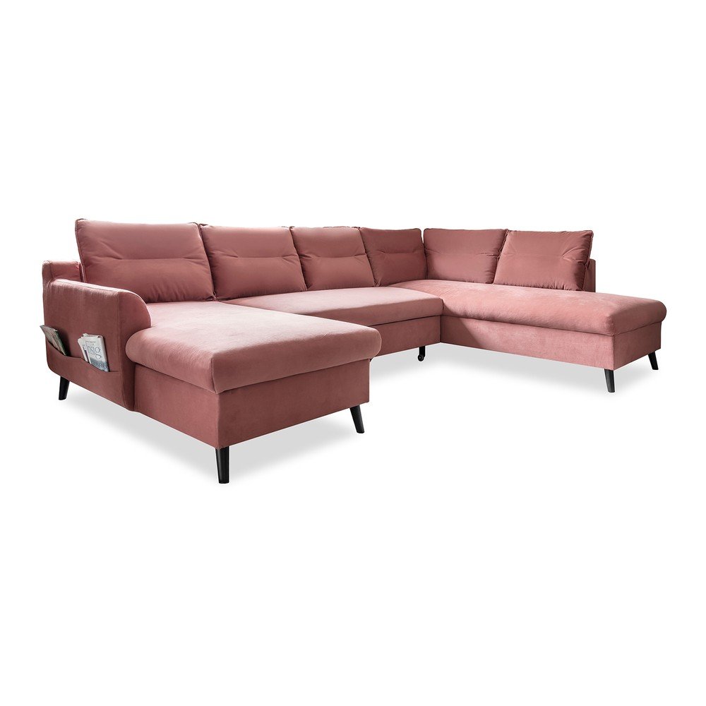 Stylish Stan rózsaszín kinyitható U alakú bársony kanapé