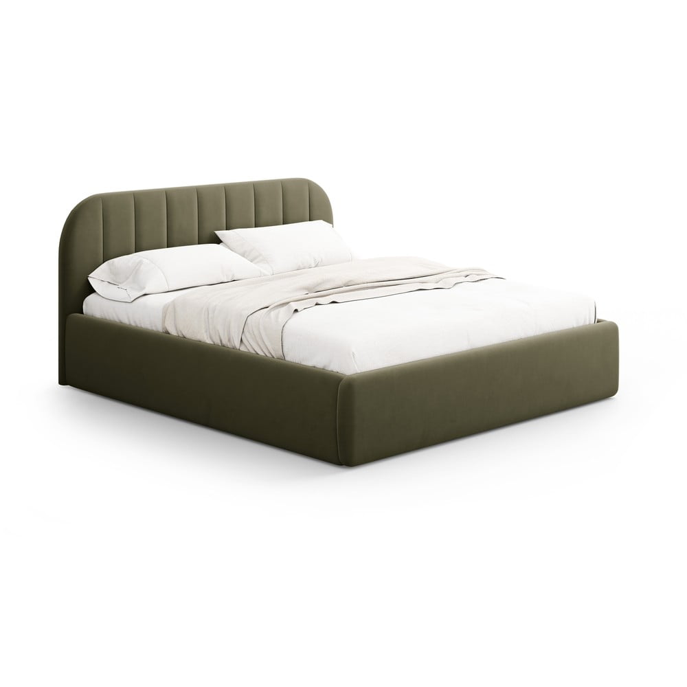 Zöld kárpitozott ágyneműtartós franciaágy ágyráccsal 160x200 cm Juno – Windsor & Co Sofas