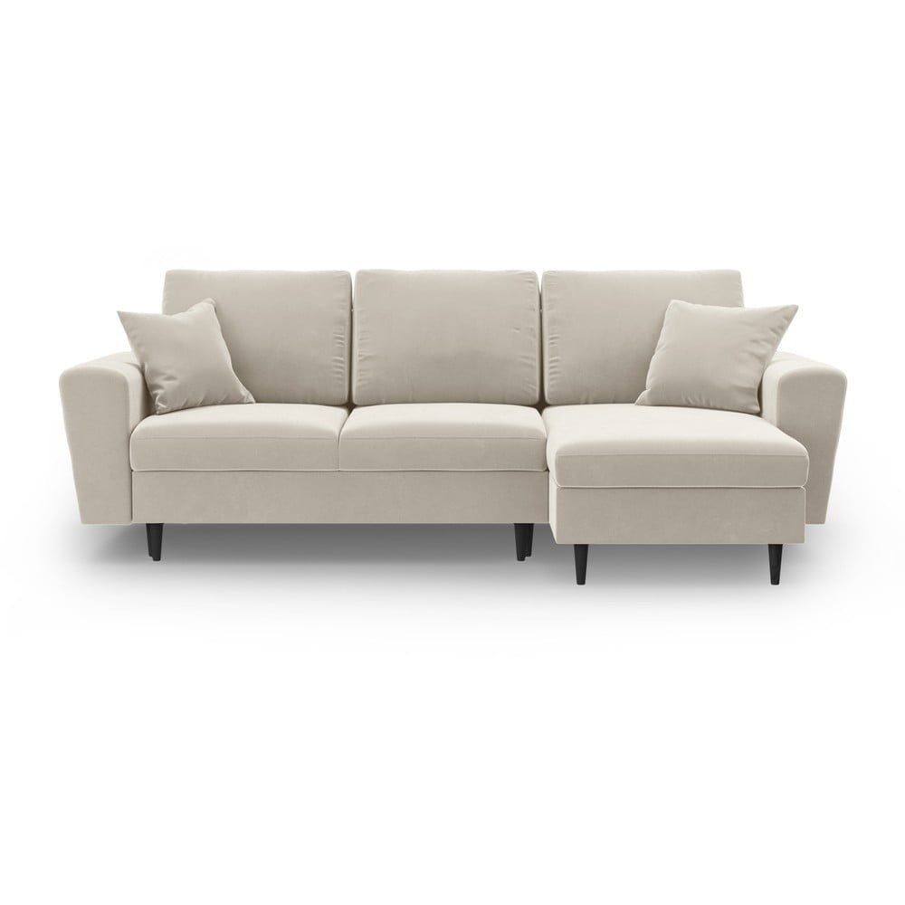 Bézs bársony kinyitható tárolóhelyes sarokkanapé Kyoto – Cosmopolitan Design