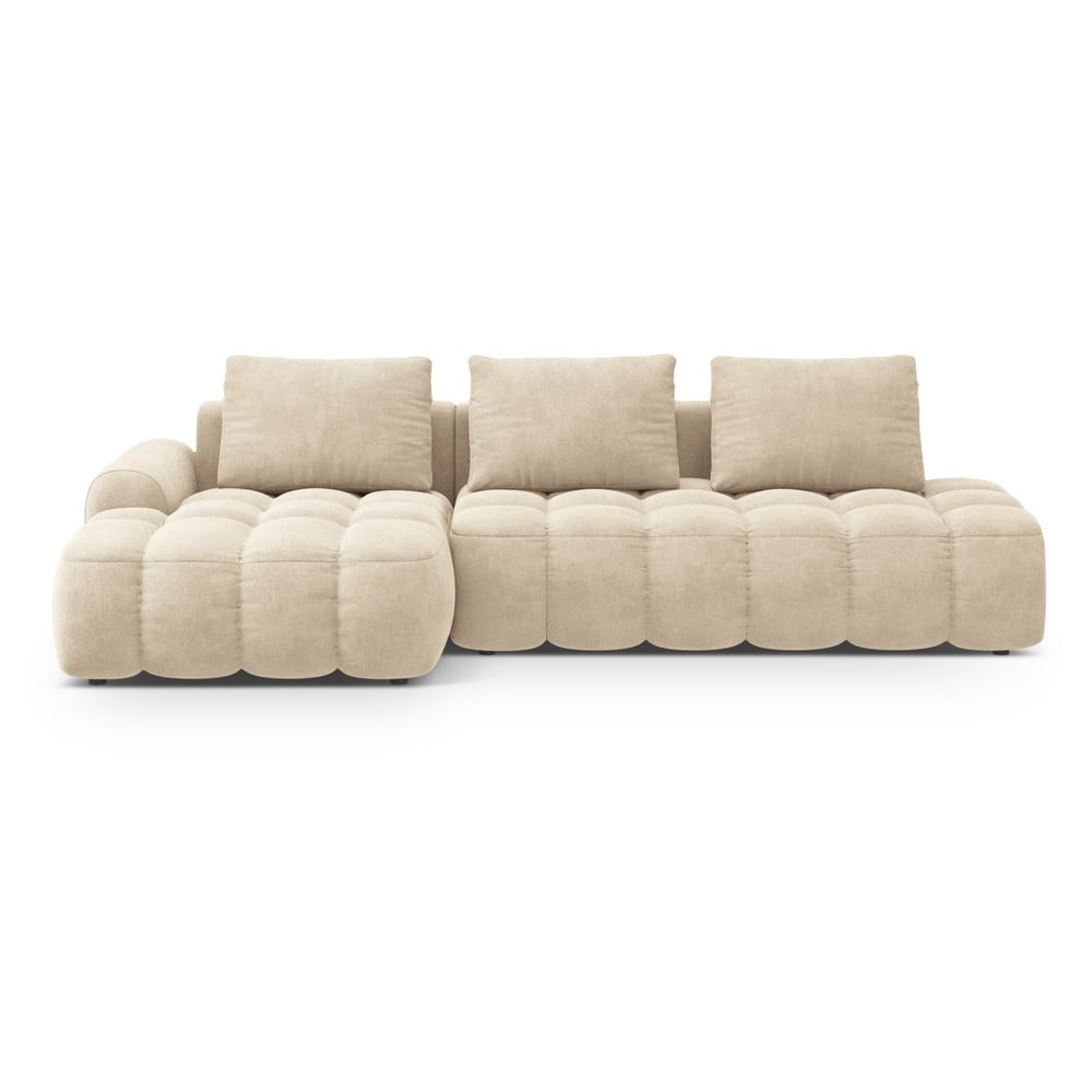 Bézs bársony kinyitható-tárolóhelyes sarokkanapé (bal oldali-heverő résszel) Linz – Cosmopolitan Design
