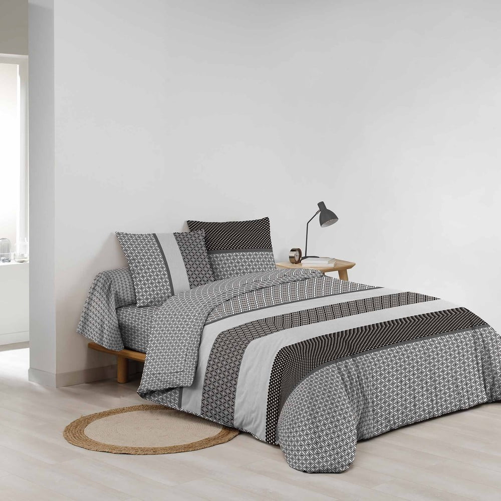 Fekete-fehér kétszemélyes-hosszabbított pamut ágyneműhuzat lepedővel-hatrészes 240x220 cm Meiko – douceur d'intérieur