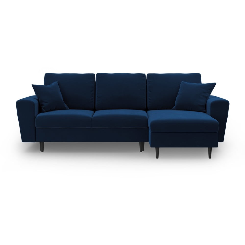 Kék bársony kinyitható tárolóhelyes sarokkanapé Kyoto – Cosmopolitan Design