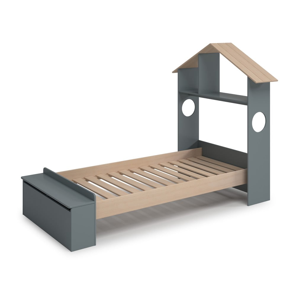 Natúr színű-szürkészöld ágyneműtartós házikó alakú gyerekágy ágyráccsal 90x190 cm borovi fenyő dekorral Odessa – Marckeric