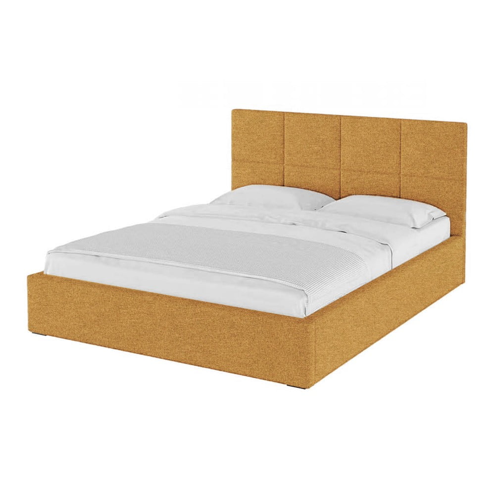 Okkersárga kárpitozott ágyneműtartós franciaágy ágyráccsal 160x200 cm Bufo – MESONICA