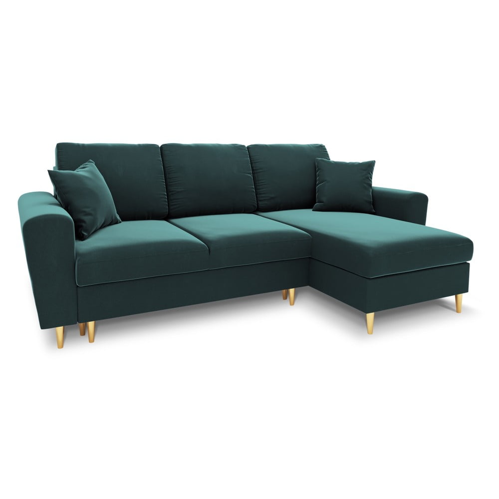 Petróleum színű bársony kinyitható tárolóhelyes sarokkanapé Kyoto – Cosmopolitan Design