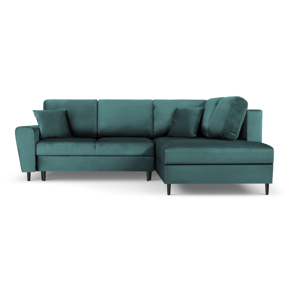 Petróleum színű bársony kinyitható tárolóhelyes sarokkanapé (jobb oldali-L alakú) Kyoto – Cosmopolitan Design