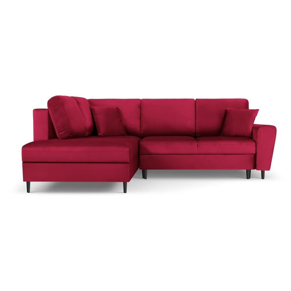 Piros bársony kinyitható tárolóhelyes sarokkanapé (bal oldali-L alakú) Kyoto – Cosmopolitan Design