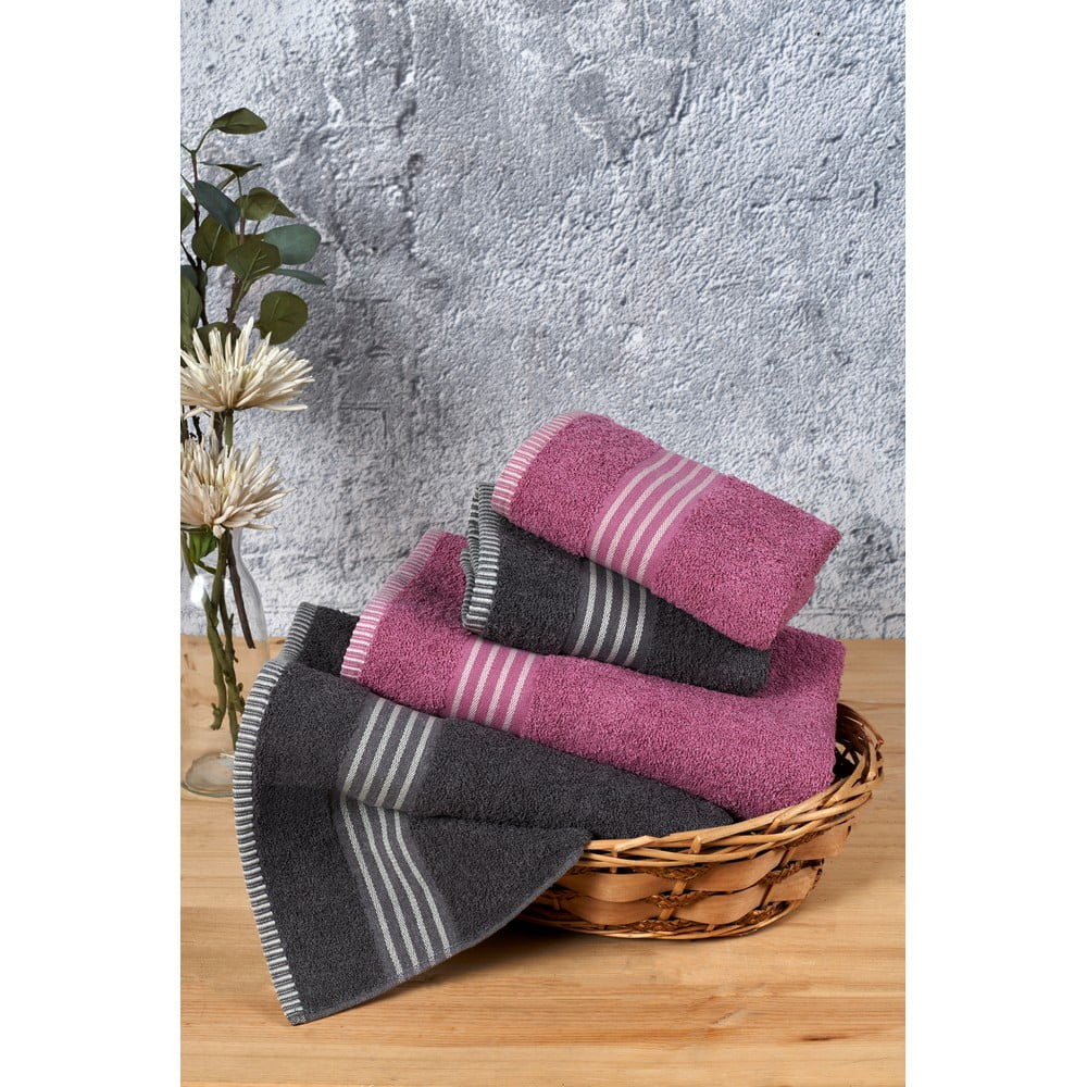 Rózsaszín-antracitszürke pamut törölköző és fürdőlepedő készlet 4 db-os – Mila Home