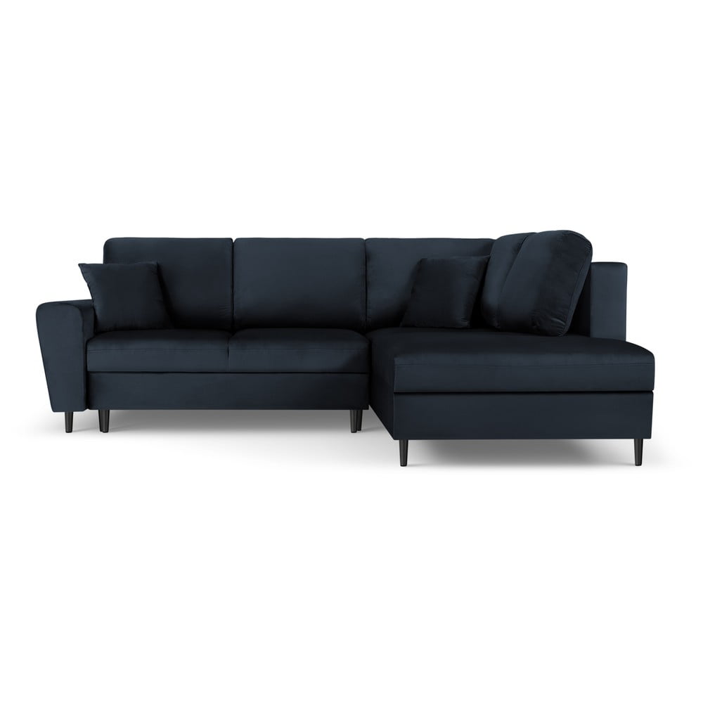 Sötétkék bársony kinyitható tárolóhelyes sarokkanapé (jobb oldali-L alakú) Kyoto – Cosmopolitan Design