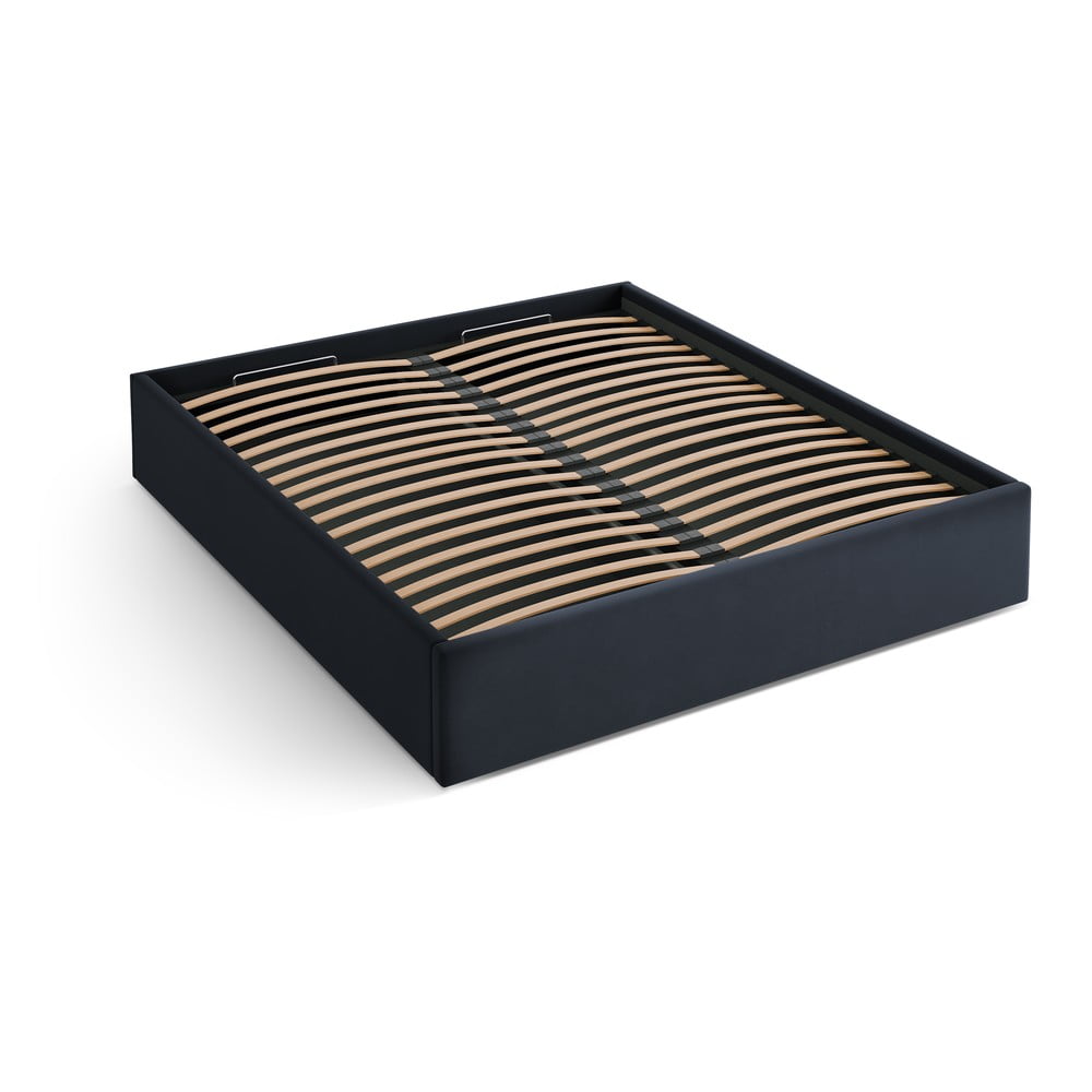 Sötétkék kárpitozott ágyneműtartós-ágytámla nélkül franciaágy ágyráccsal 140x200 cm Susan – Micadoni