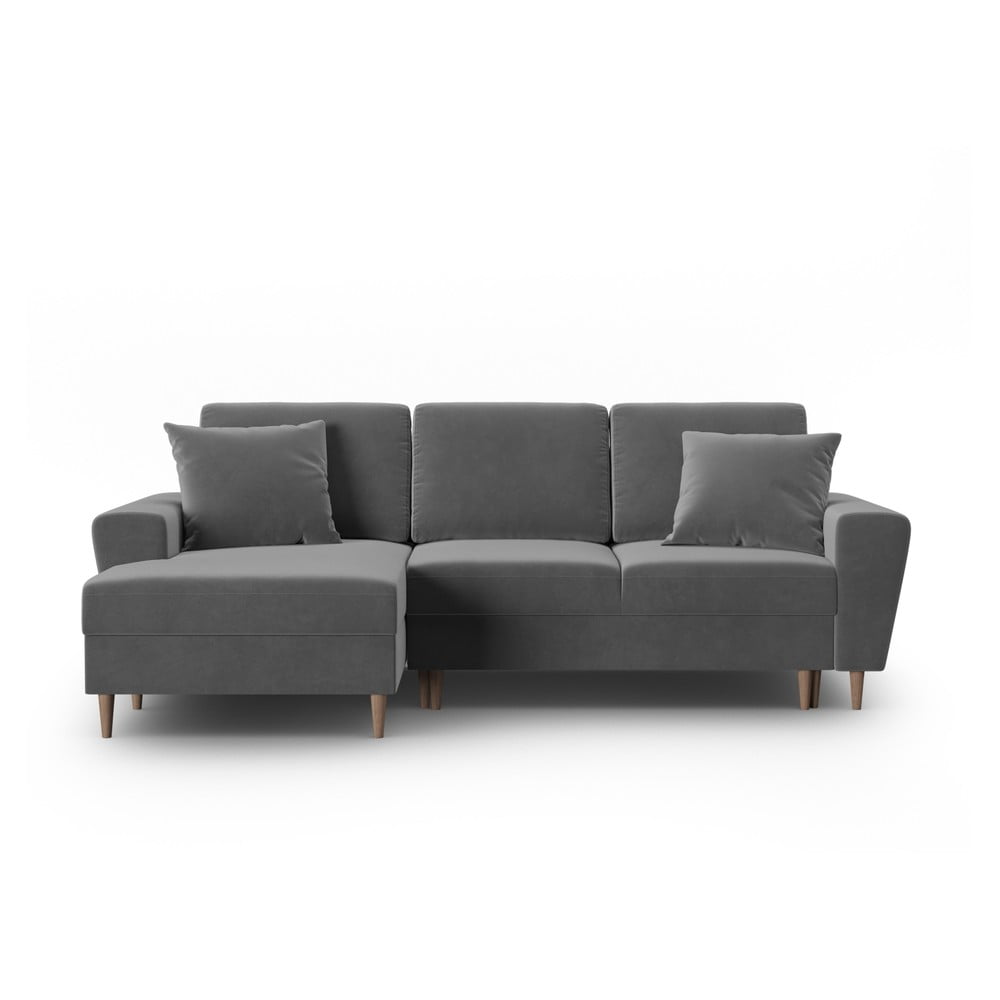 Világosszürke bársony kinyitható tárolóhelyes sarokkanapé (bal oldali-heverő résszel) Kyoto – Cosmopolitan Design