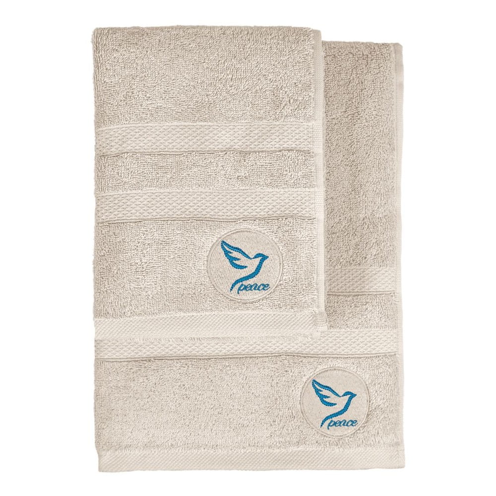 Bézs frottír pamut törölköző és fürdőlepedő készlet 2 db-os Peace – Foutastic