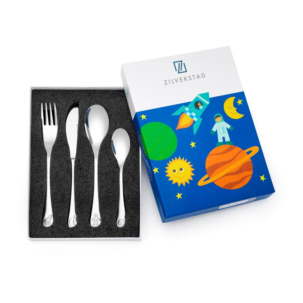 Ezüstszínű rozsdamentes acél gyerek evőeszköz készlet 4 db-os Space – Zilverstad