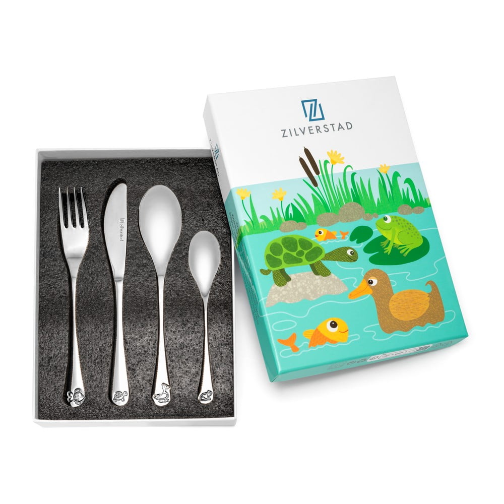 Ezüstszínű rozsdamentes acél gyerek evőeszköz készlet 4 db-os Water life – Zilverstad