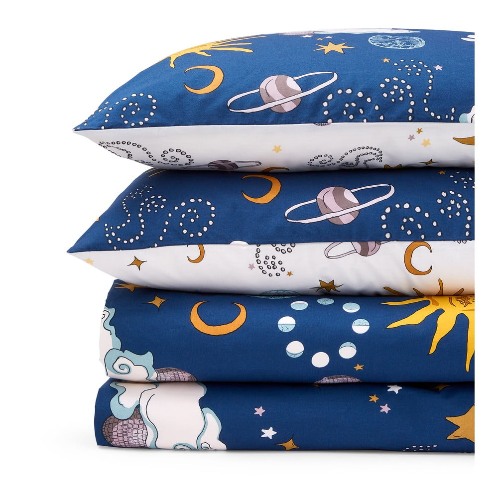 Fehér-kék egyszemélyes pamut ágyneműhuzat 135x200 cm Disco Space – Their Nibs