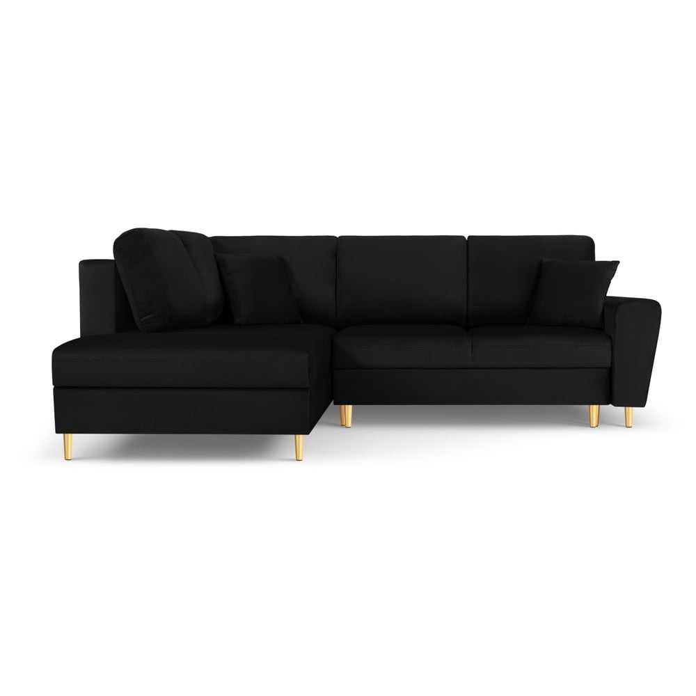 Fekete bársony kinyitható tárolóhelyes sarokkanapé (bal oldali-L alakú) Kyoto – Cosmopolitan Design