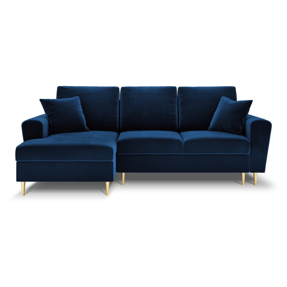 Kék bársony kinyitható tárolóhelyes sarokkanapé (bal oldali-heverő résszel) Kyoto – Cosmopolitan Design