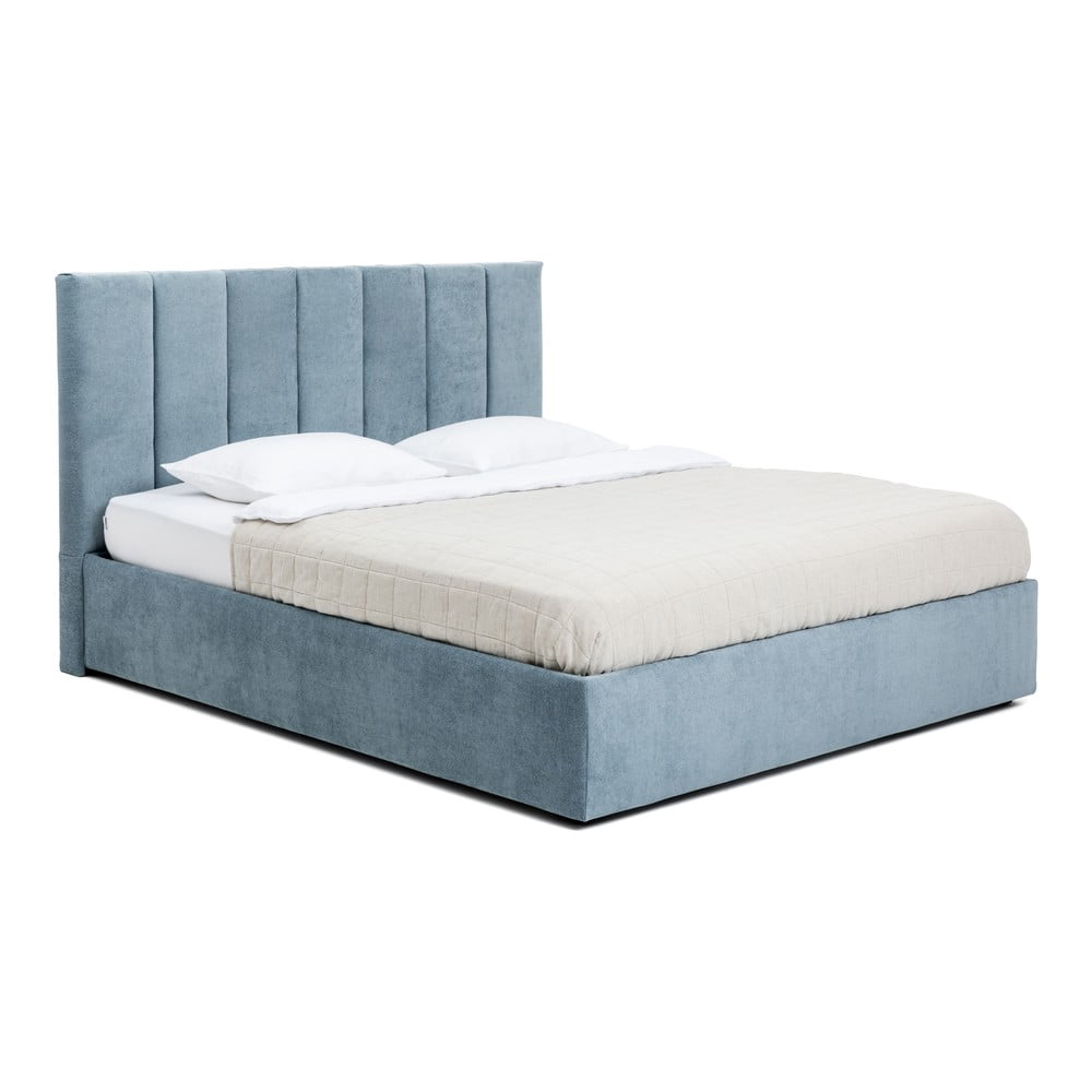 Kék kárpitozott ágyneműtartós franciaágy matraccal