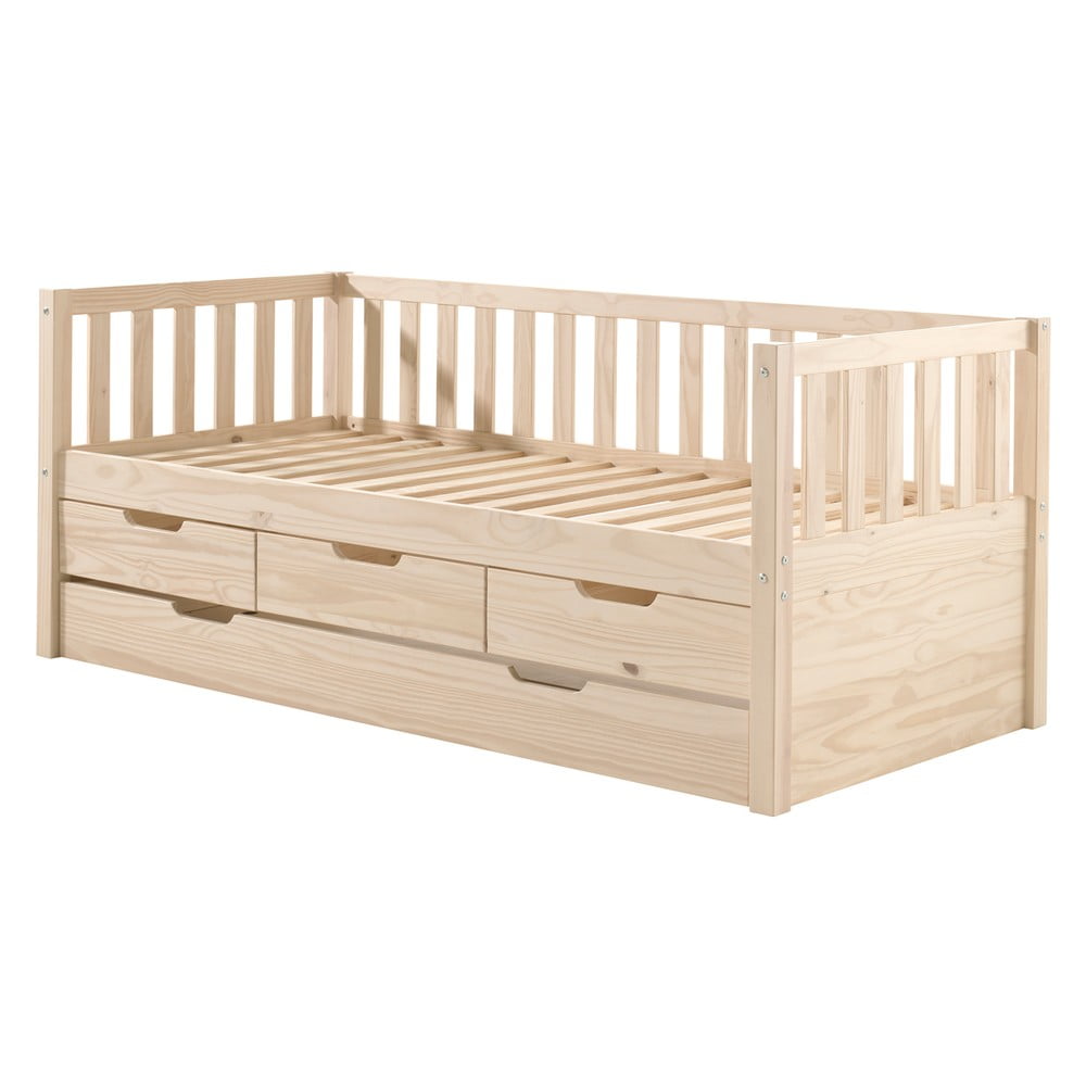 Natúr színű borovi fenyő ágyneműtartós gyerekágy kihúzható pótággyal