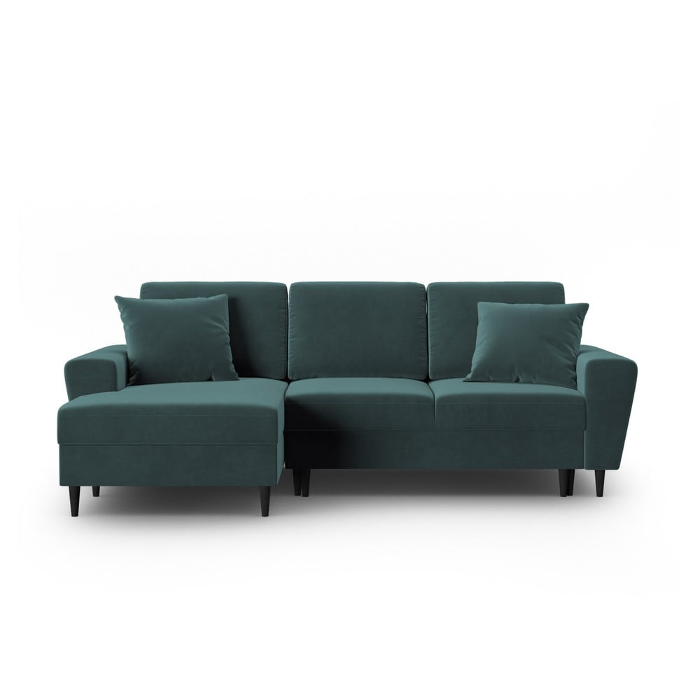 Petróleum színű bársony kinyitható tárolóhelyes sarokkanapé (bal oldali-heverő résszel) Kyoto – Cosmopolitan Design