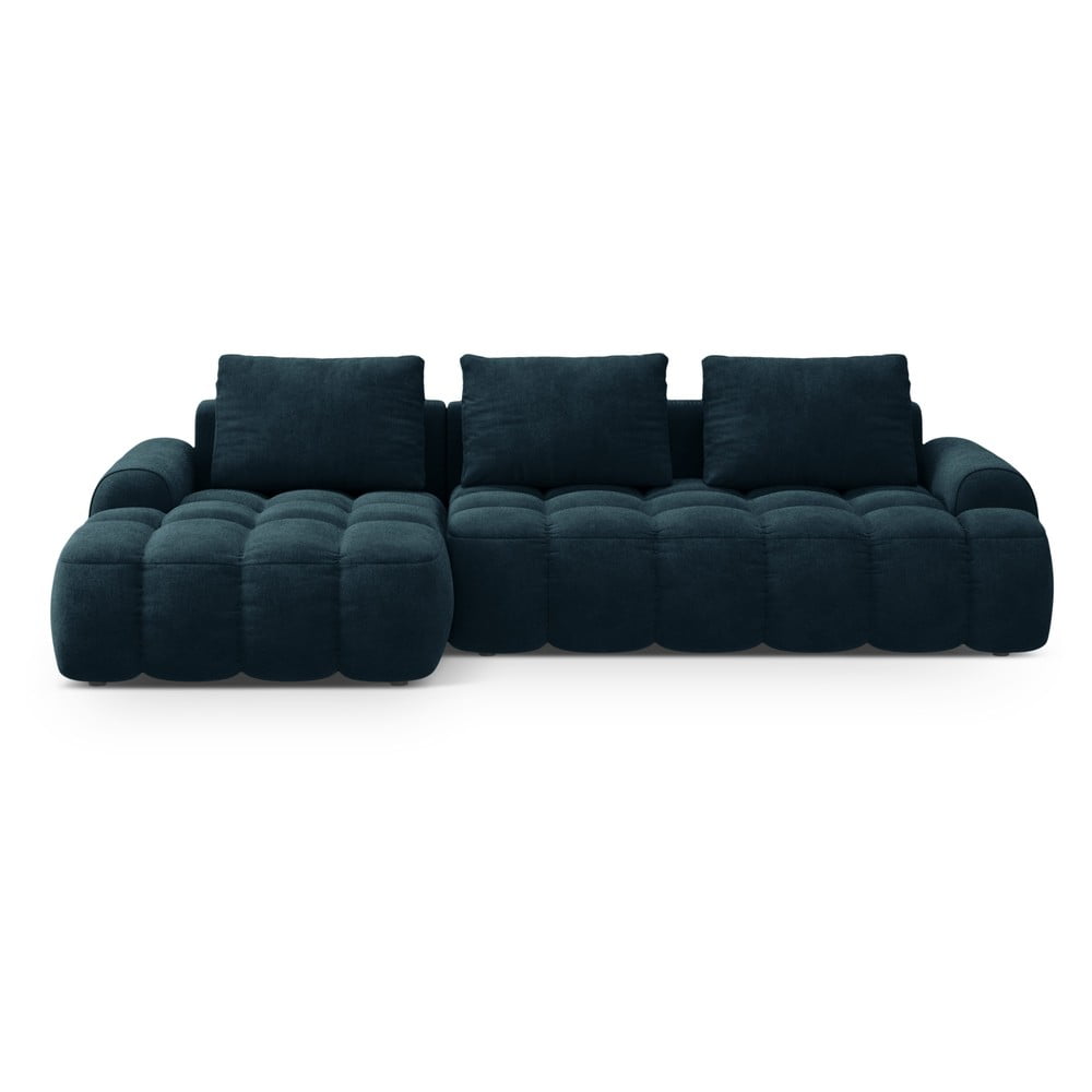 Petróleum színű bársony kinyitható-tárolóhelyes sarokkanapé (bal oldali-heverő résszel) Linz – Cosmopolitan Design