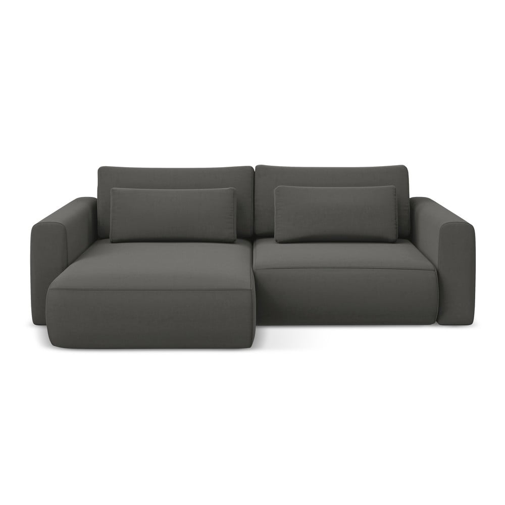 Sötétszürke bársony kinyitható-tárolóhelyes sarokkanapé (bal oldali-heverő résszel) Kapua – Makamii