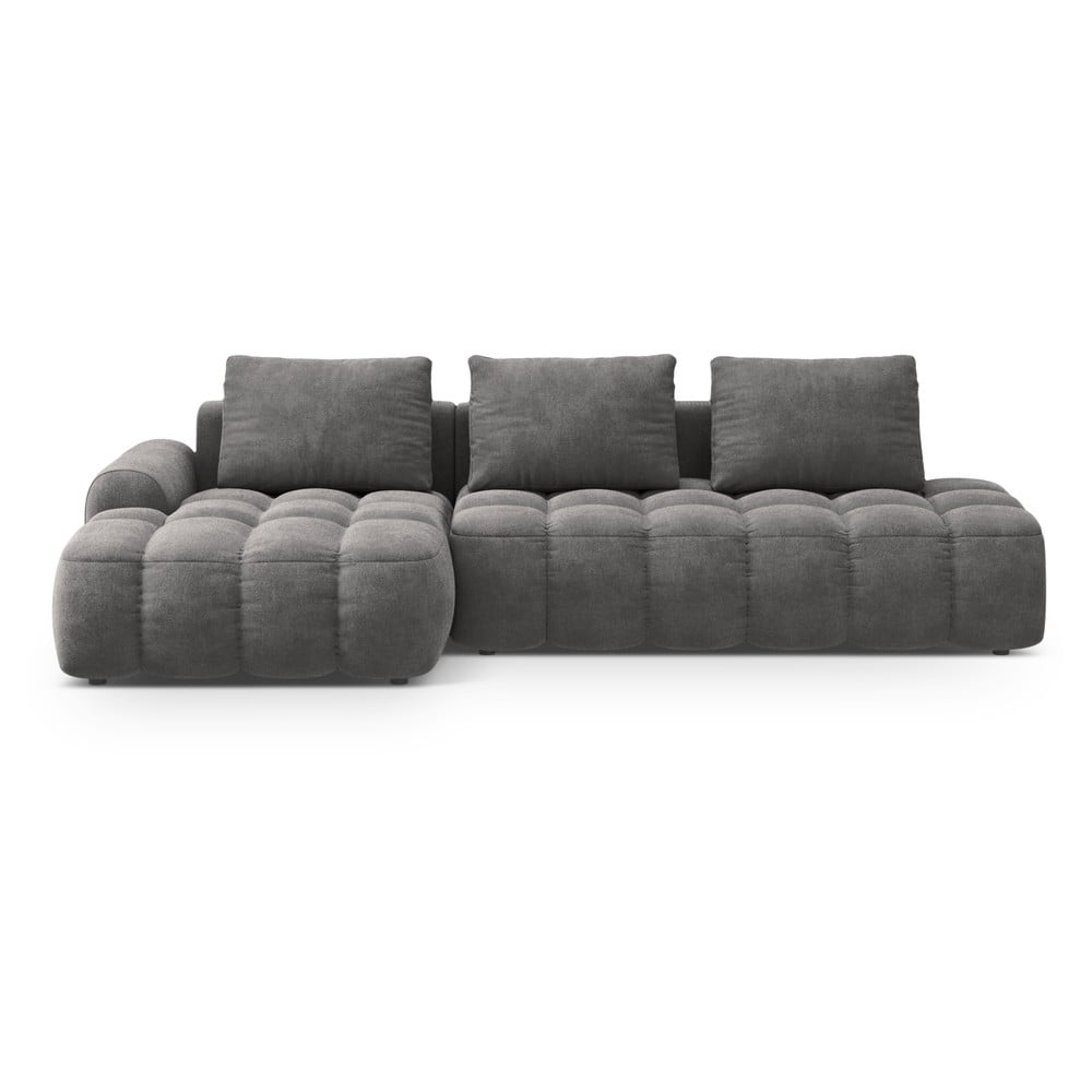 Szürke bársony kinyitható-tárolóhelyes sarokkanapé (bal oldali-heverő résszel) Linz – Cosmopolitan Design
