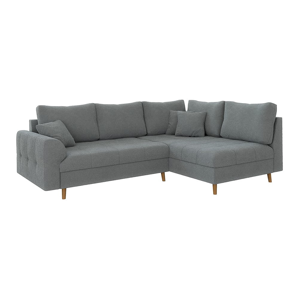 Szürke buklé sarokkanapé (jobb oldali-L alakú) Ariella – Ropez