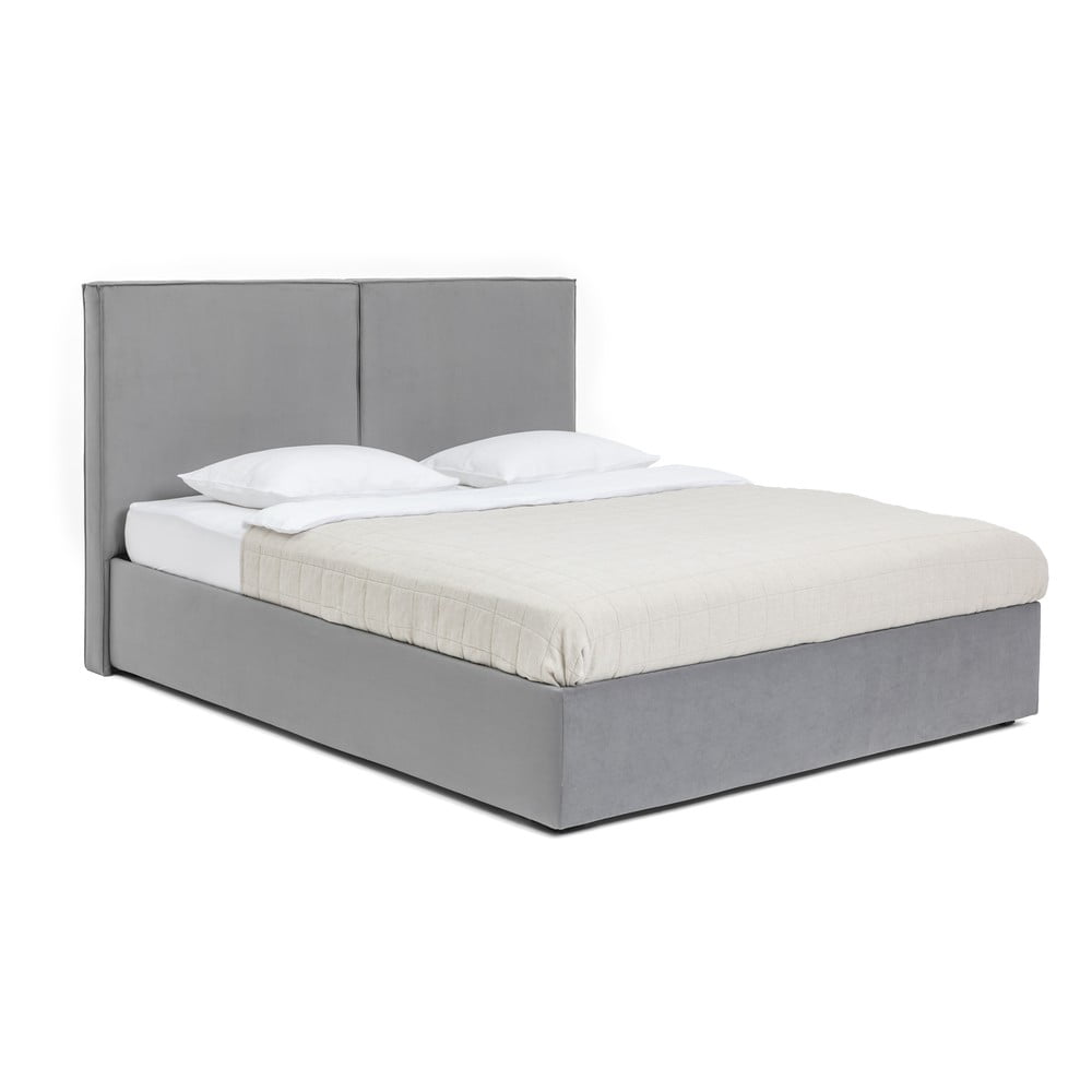 Szürke kárpitozott ágyneműtartós franciaágy matraccal