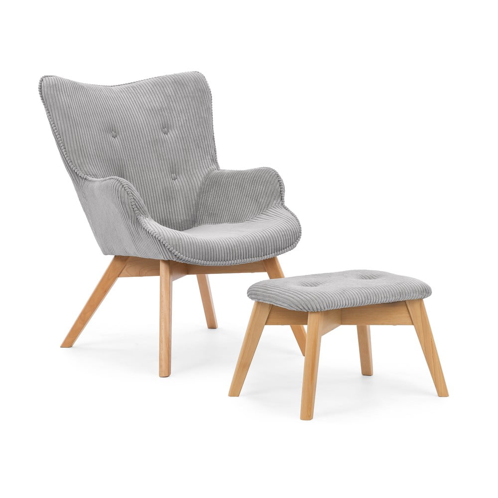 Szürke kordbársony fotel lábtartóval Niko – Ropez