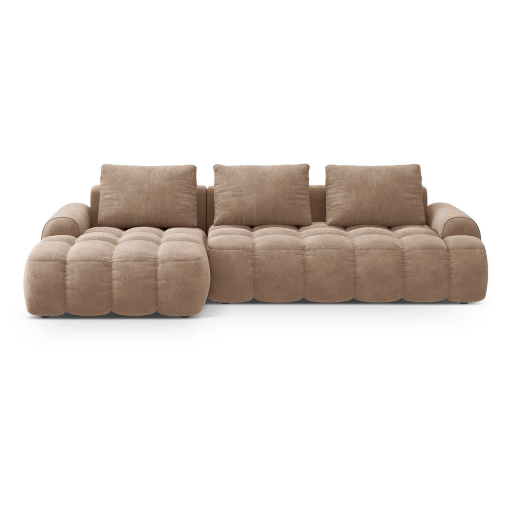 Világosbarna bársony kinyitható-tárolóhelyes sarokkanapé (bal oldali-heverő résszel) Linz – Cosmopolitan Design