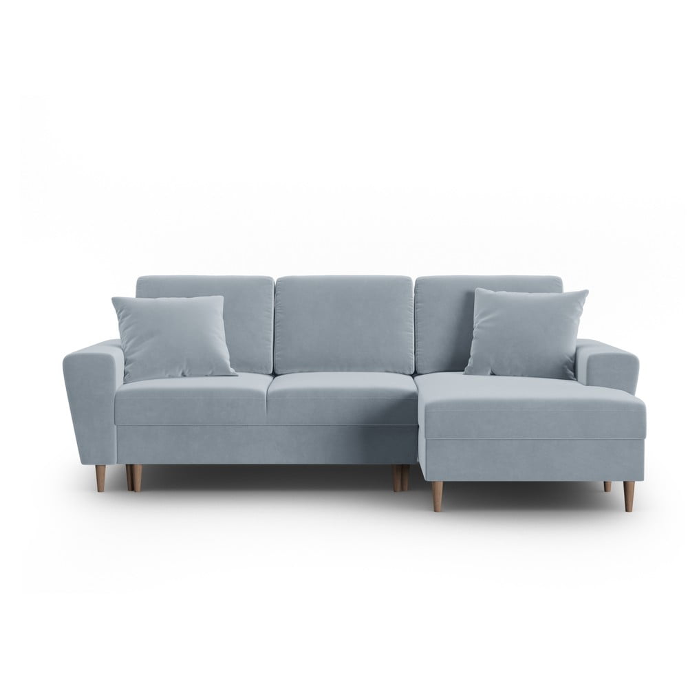 Világoskék bársony kinyitható tárolóhelyes sarokkanapé (jobb oldali-heverő résszel) Kyoto – Cosmopolitan Design