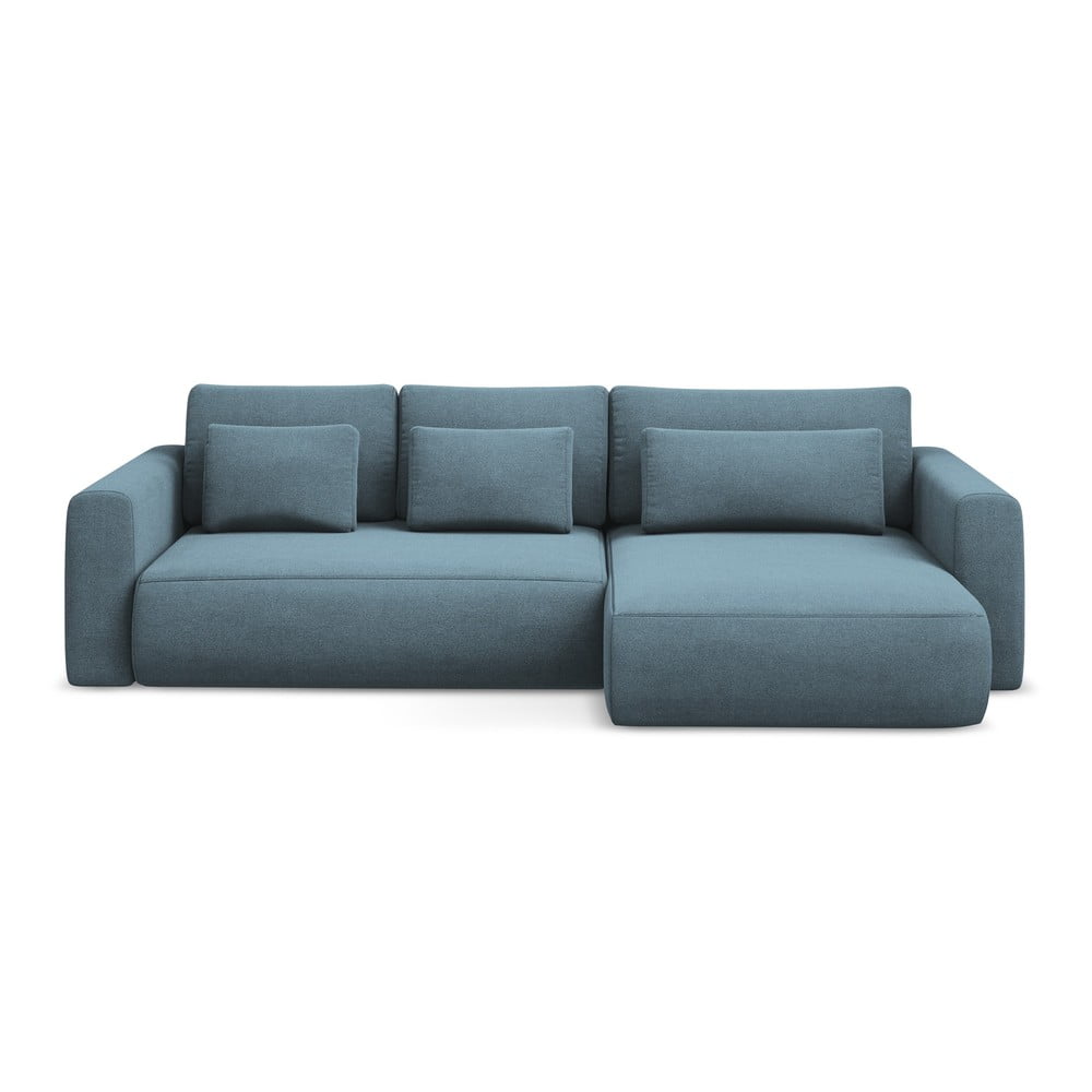 Világoskék kinyitható-tárolóhelyes sarokkanapé (jobb oldali-heverő résszel) Kapua – Makamii