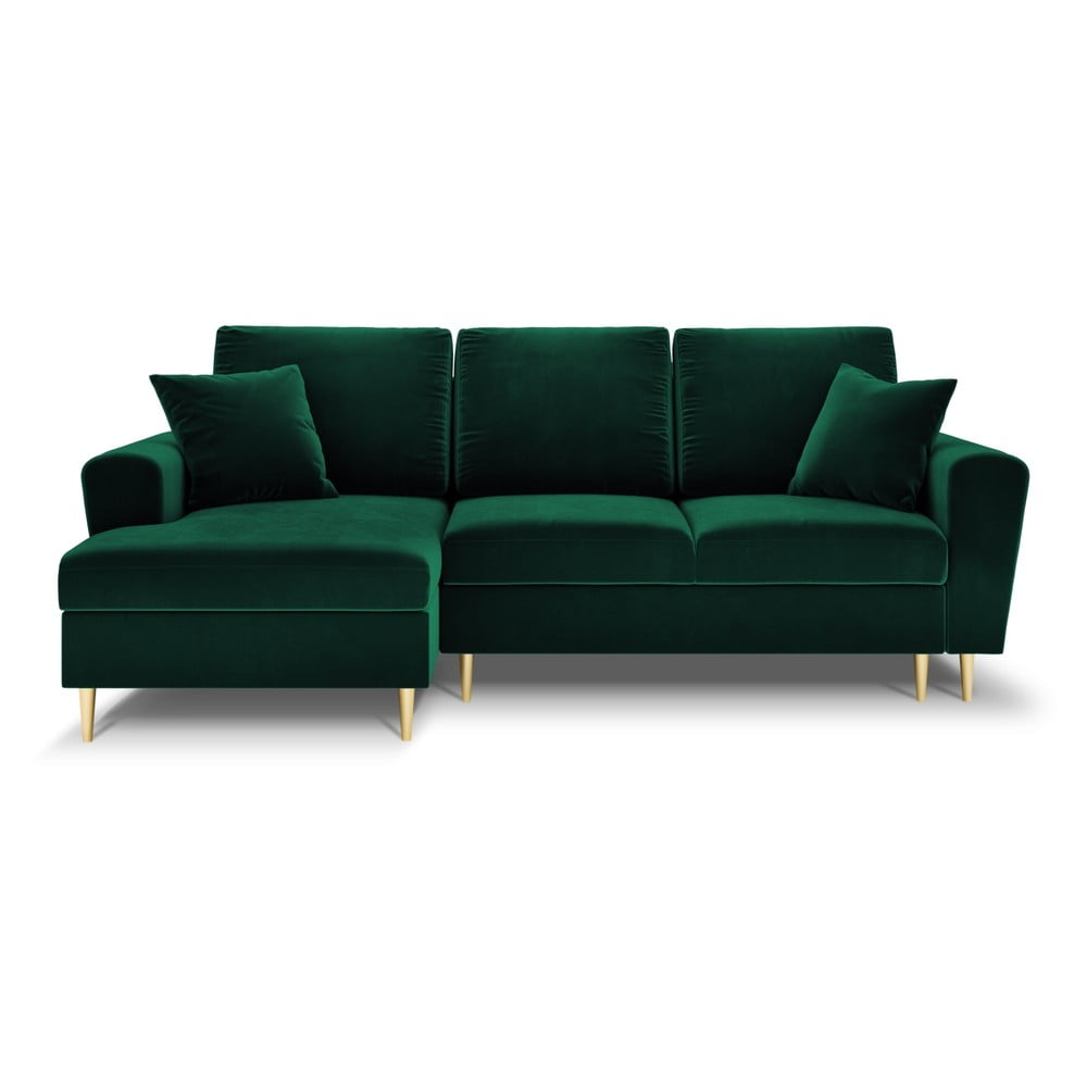 Zöld bársony kinyitható tárolóhelyes sarokkanapé (bal oldali-heverő résszel) Kyoto – Cosmopolitan Design